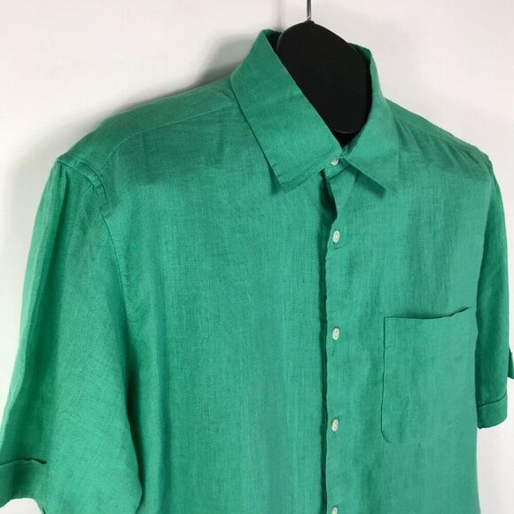 Club Room Luxury Linen Button Up Shirt Men's Size Medium Green Short Sleeve - Picture 4 of 11